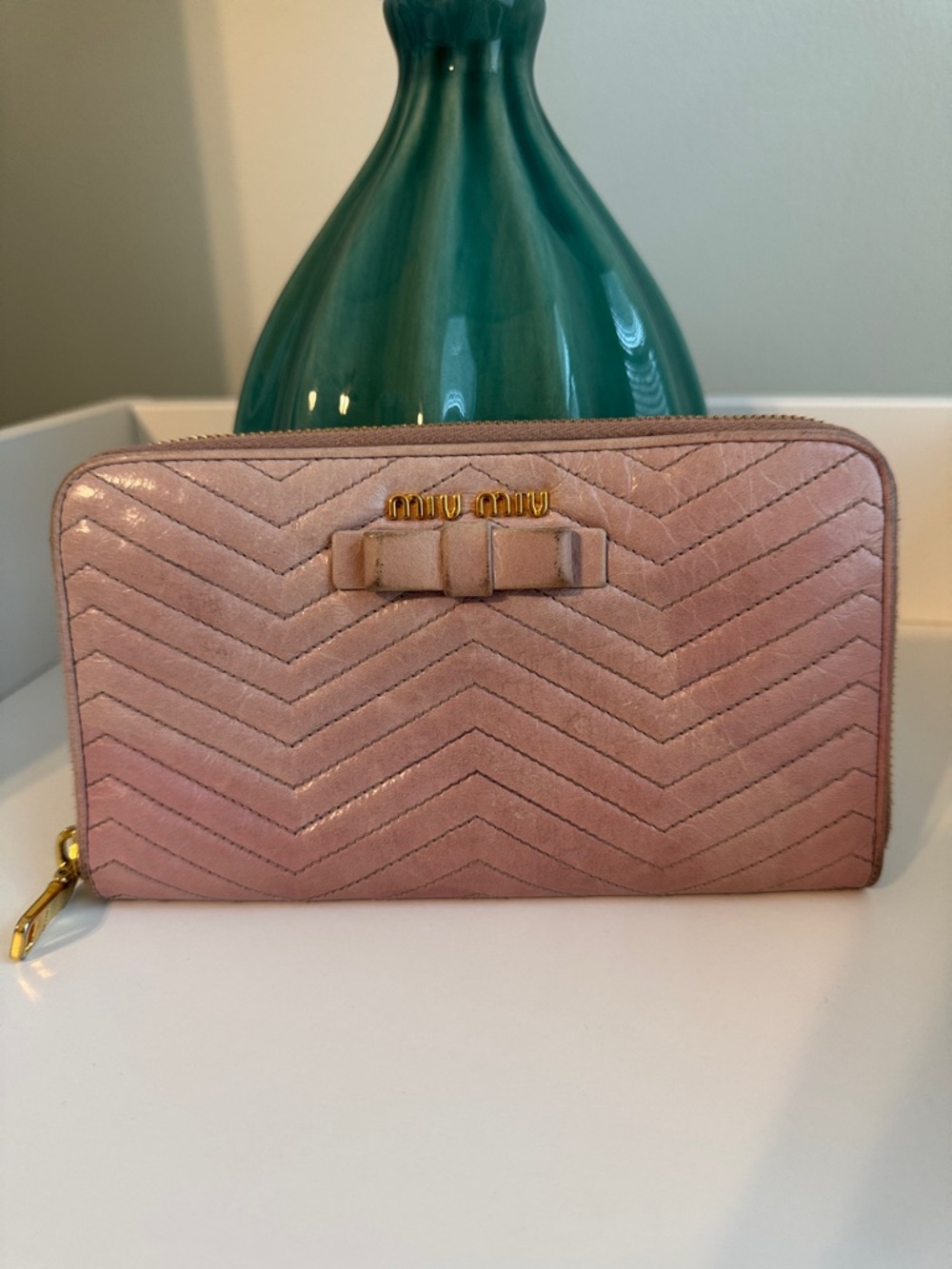 Miu Miu Blush Pink Chevron Quilted Zip Wallet with Bow